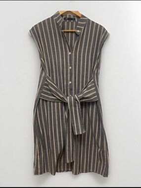 Sleeveless Striped Midi Dress with Front Tie in Blue and White